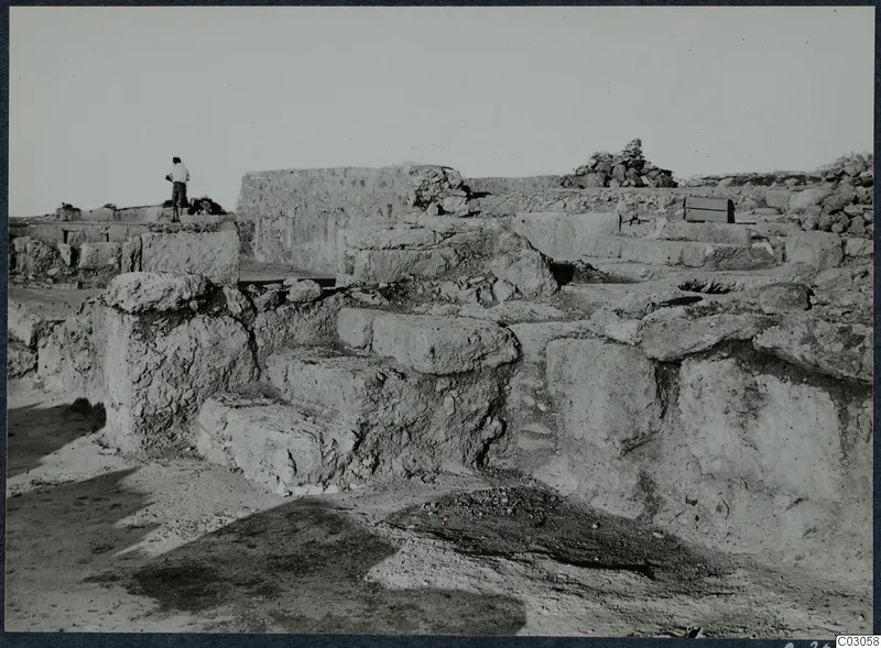 Excavated stone steps and walls at the palace at Vouni, with one standing person on the upper left.