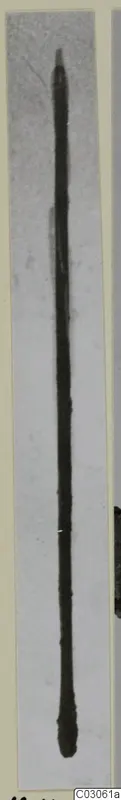 Long thin bronze toilet implement with a pointed top, photographed upright against a grey background
