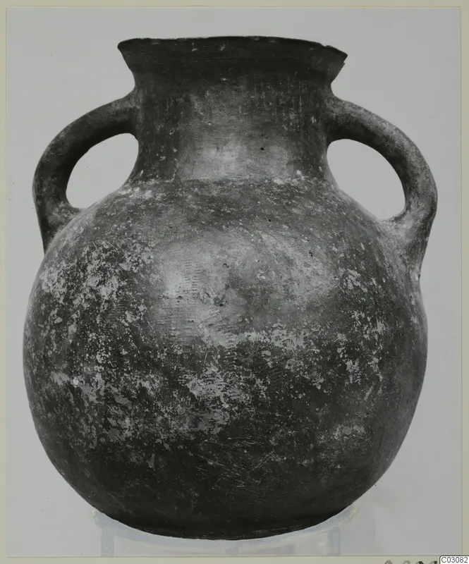 Pottery jug with two loop handles and a dark, mottled surface, standing on a pale base