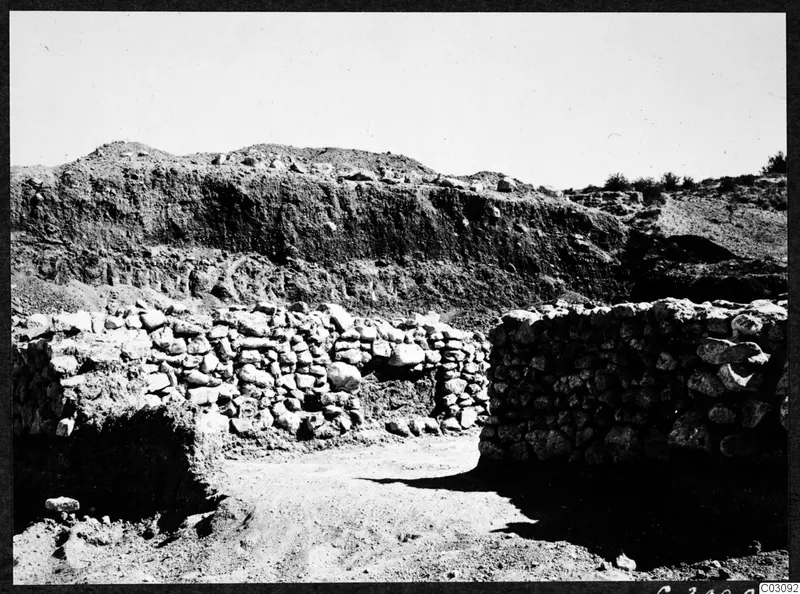 Stone walls of a Hellenistic house at Mersinaki, seen from the north, with an excavated earth bank behind.