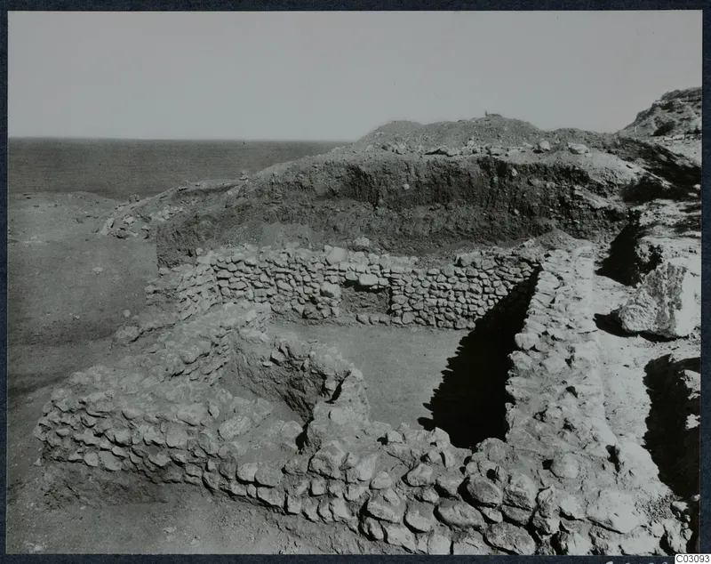 Hellenistic house at Mersinaki, seen from the west, with stone walls and excavated earth behind