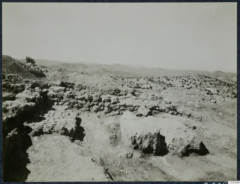 Rocky ground with stone walls and foundations in the foreground, scrubby trees and hills at Vouni