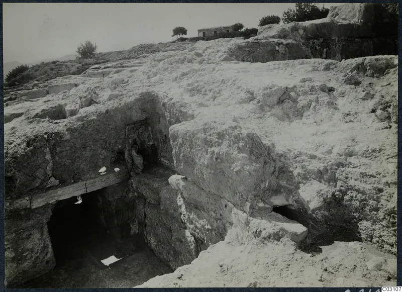 Excavated stone blocks and wall faces at Vouni palace, with a small stone building and trees on the ridge behind