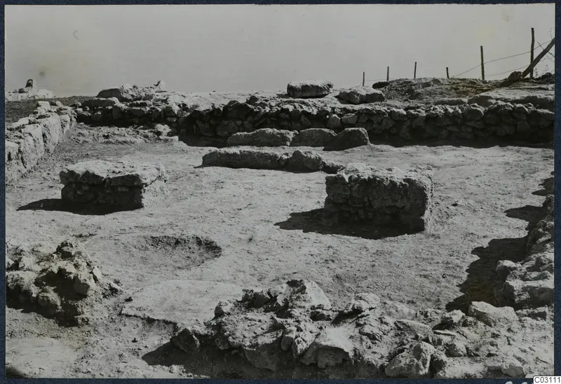 Excavated low stone walls and rectangular stone blocks at Vouni palace, with a wire fence behind