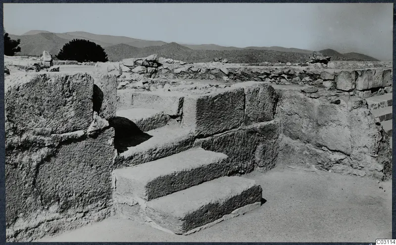 Stone steps of large blocks at the palace at Vouni, with ruined walls, a tree and hills behind