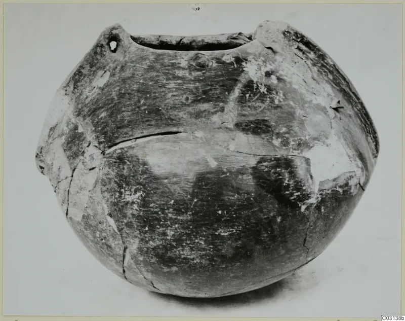 Globular pottery vessel with a wide mouth and two lugs at the shoulders, one pierced by a small hole, shown on a plain light background.