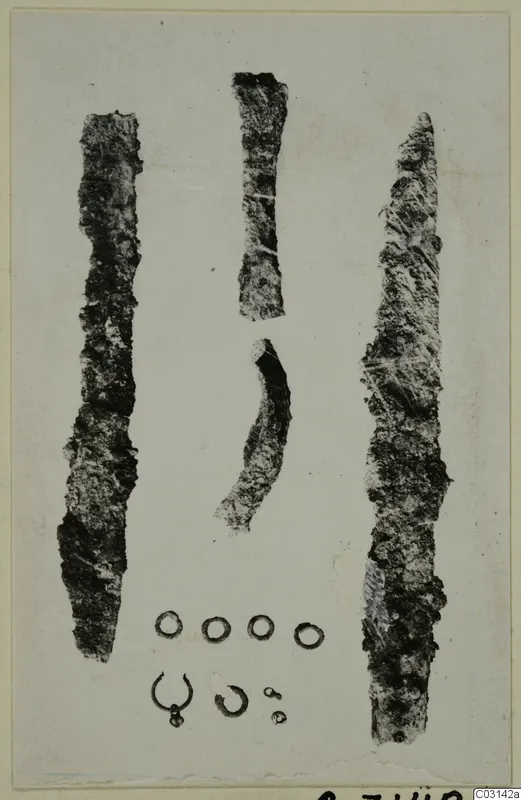 Corroded metal tools and small rings from Marion, laid out on a pale card.