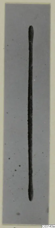 Bronze toilet-requisite: a long thin rod with slightly thickened rounded ends.