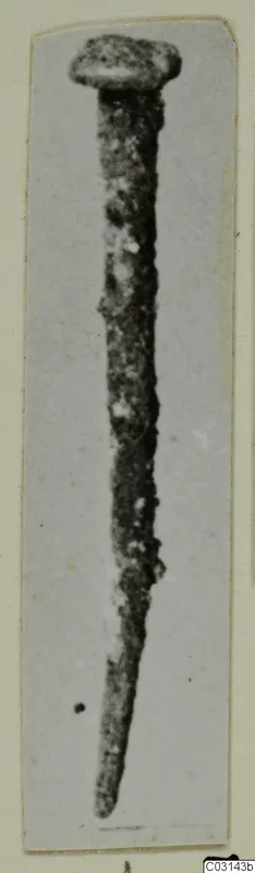 Corroded metal nail from Marion, head at the top, shown on a mounted photograph.