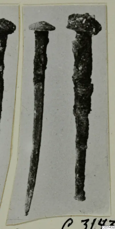 Two corroded metal nails from Marion, photographed side by side on a mounted card
