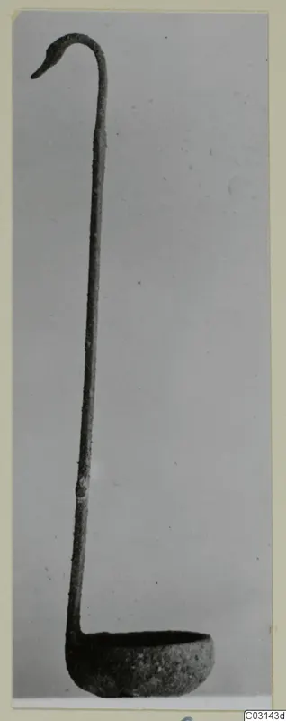 Bronze ladle with a long curved handle ending in a hook-like terminal and a shallow round bowl.