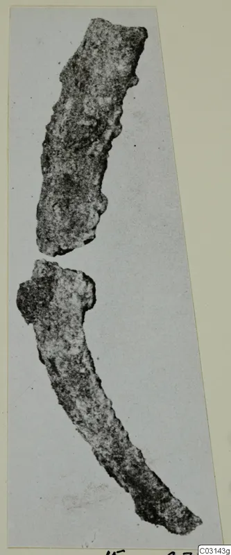 Two corroded iron objects from Marion Tomb 36, one straight and one curved, against a pale background.