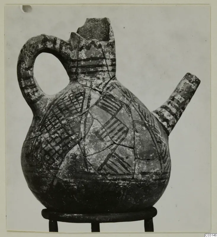 Pottery jug in White Painted I - II style with a strap handle, side spout and dark painted bands