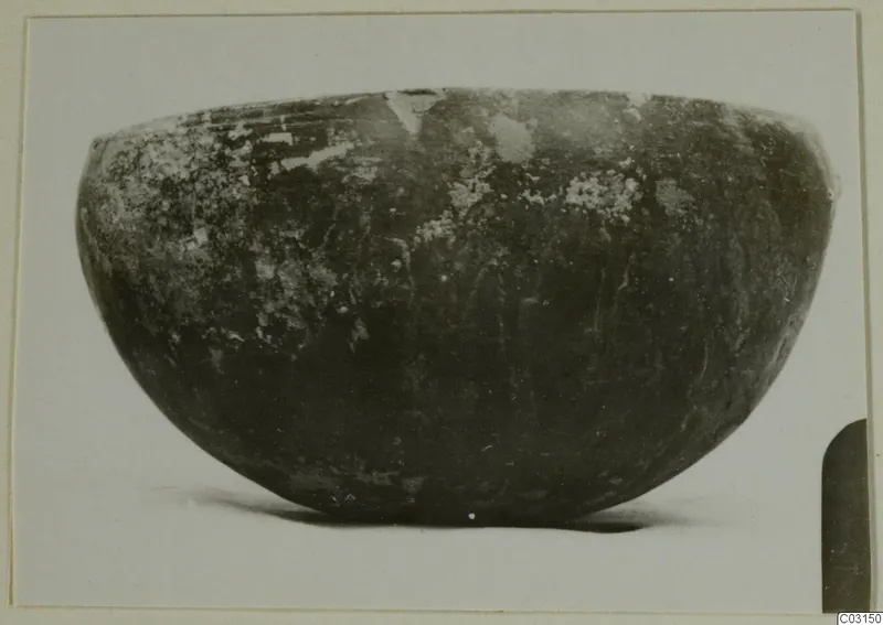 Dark rounded bowl with a wide mouth, photographed in profile on a pale background