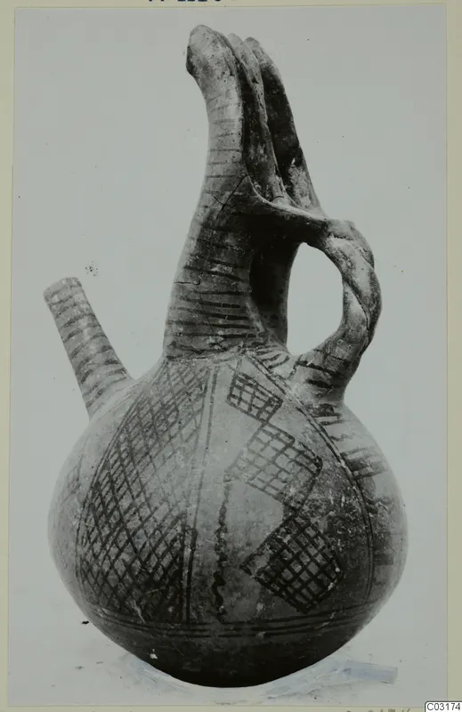 Pottery jug from Lapithos, White Painted I-II, with a tall neck, side spout and dark painted cross-hatched panels