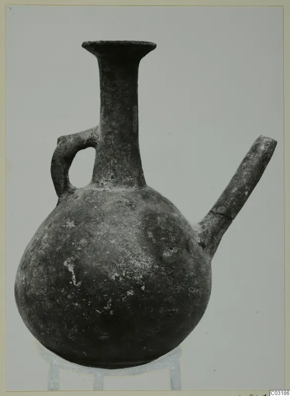 Round-bodied jug with a tall flared neck, a loop handle and a side spout, shown on a stand against a plain background.