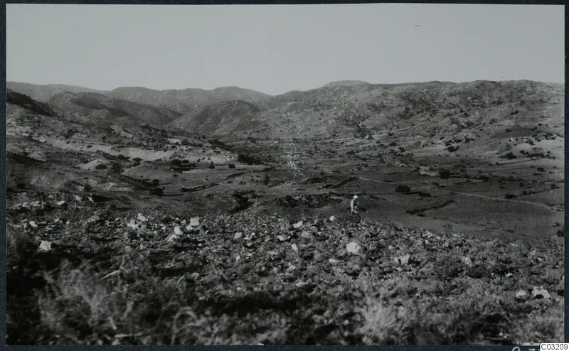 Hilly landscape at Soli with scattered pale stones in the foreground and one standing person in the middle distance