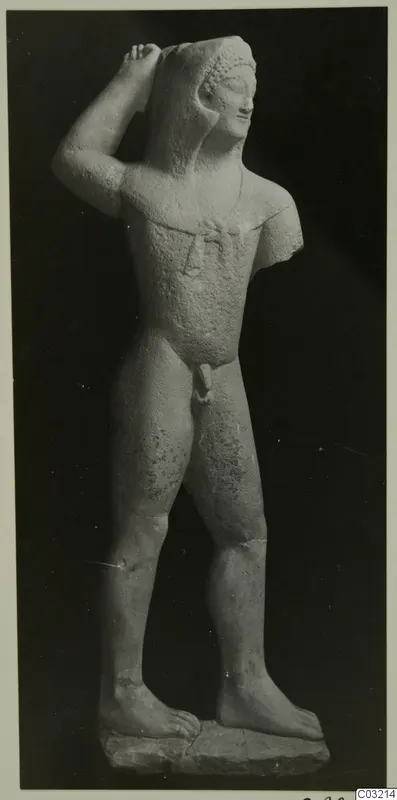 Limestone statue of a standing nude male figure from Kition, one arm raised to the head