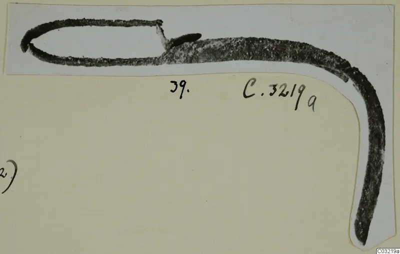 Metal tool with a loop at one end, shown on a pale card mounted on an album page