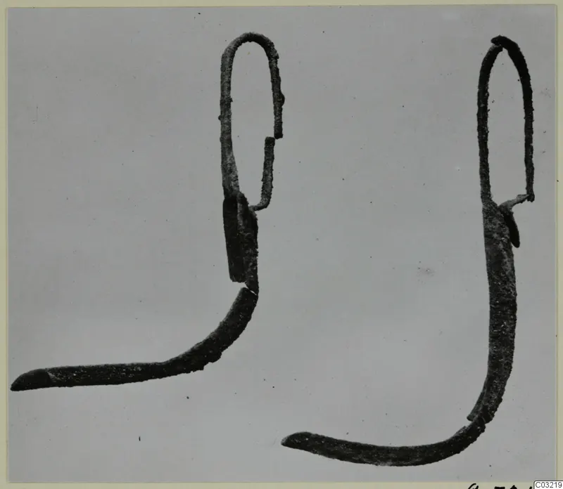 Two corroded bronze toilet implements with looped tops and curved, pointed ends, photographed side by side.