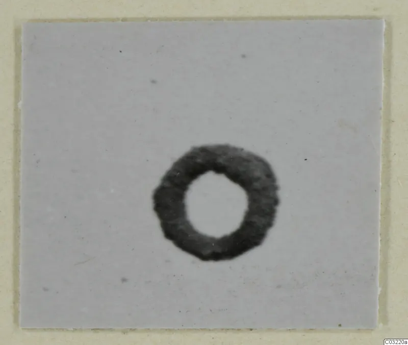 Small dark ring-shaped object, shown centred on a plain light grey background.