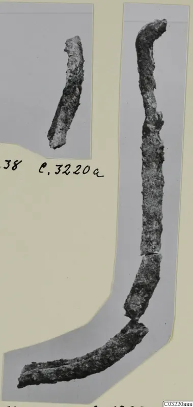 Corroded iron rods and fragments mounted on a grey card, with a handwritten label beside them