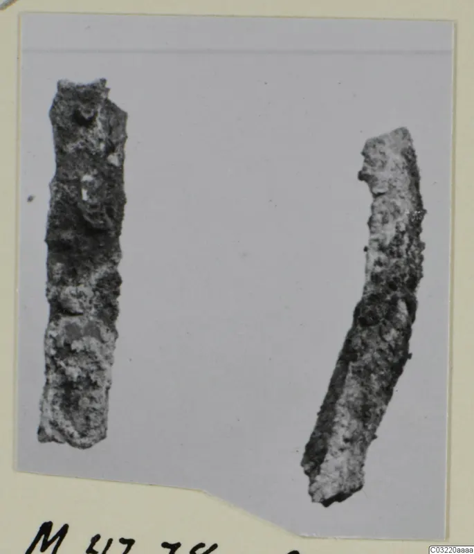 Two corroded iron objects, elongated and rod-like, shown on a grey photo mount