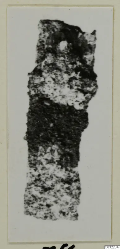 Fragment of an object from Marion, mottled dark and light, shown on a mounted card