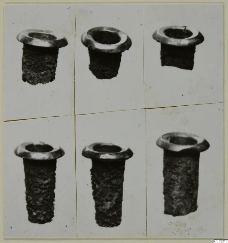 Six photographs of hollow cylindrical metal objects with flared rims, mounted together on a card
