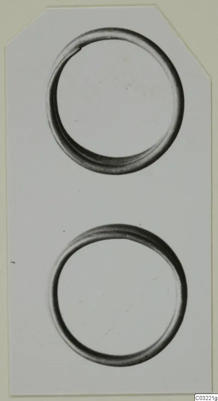 Two plain metal rings, one above the other, photographed on a pale card.