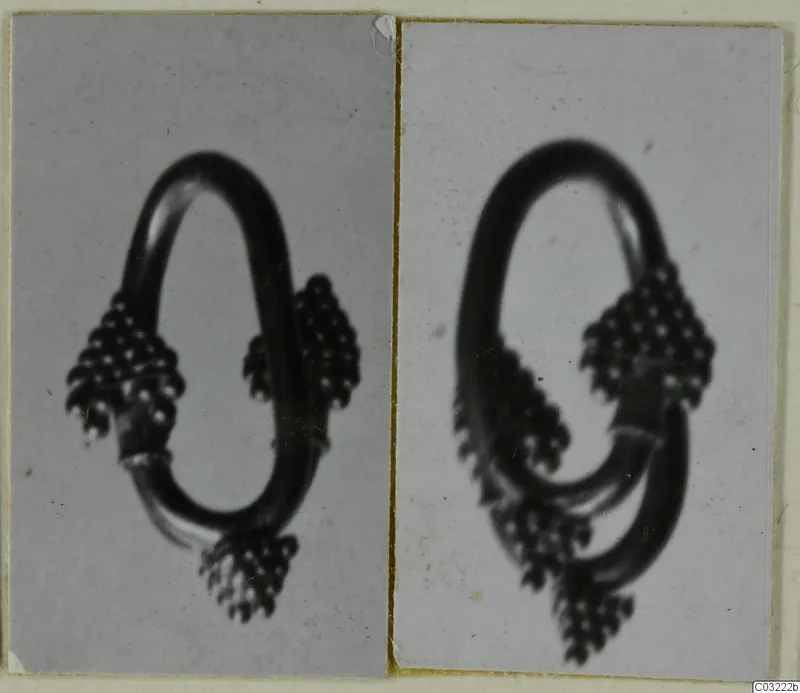 Two photographs of a gold hoop ring with clusters of granules, mounted side by side on a card