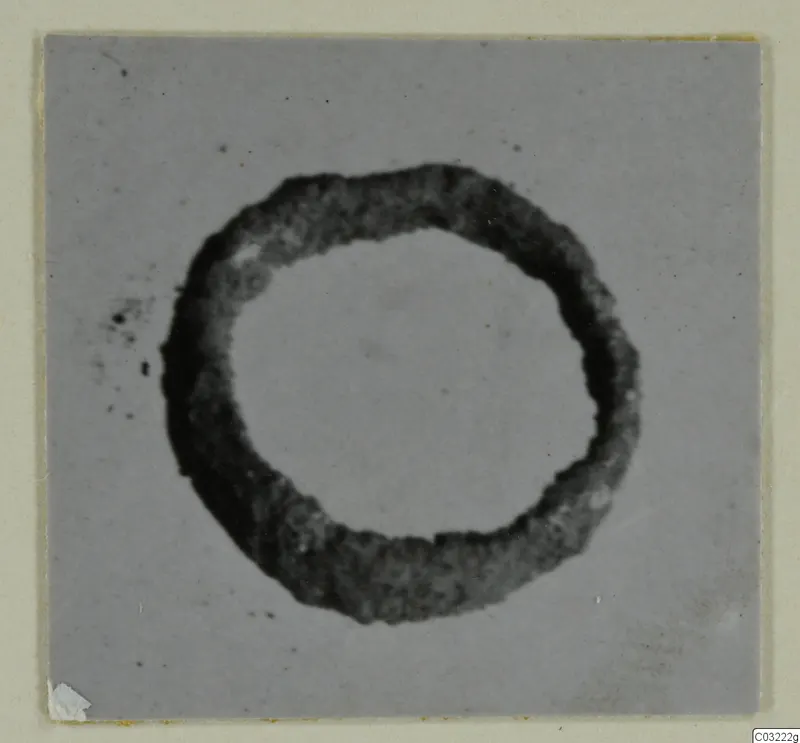 Ring-shaped silver object from Marion, photographed on a grey card