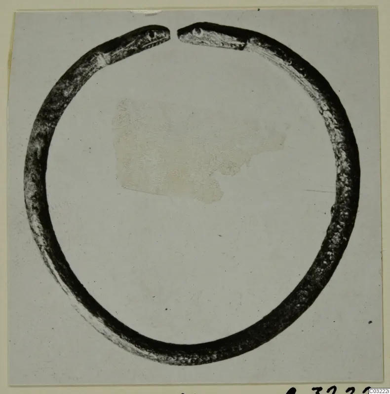 Single dark metal ring with an open gap at the top, photographed on a card mount. Marion Tomb 60.