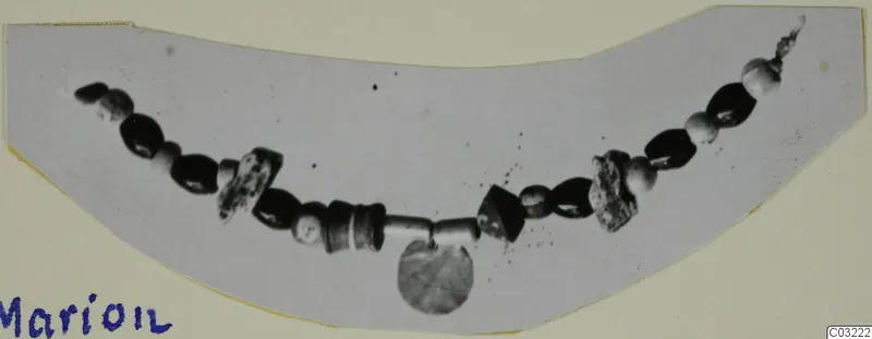Necklace of dark and pale beads laid in a curve, with a flat disc pendant hanging from the centre