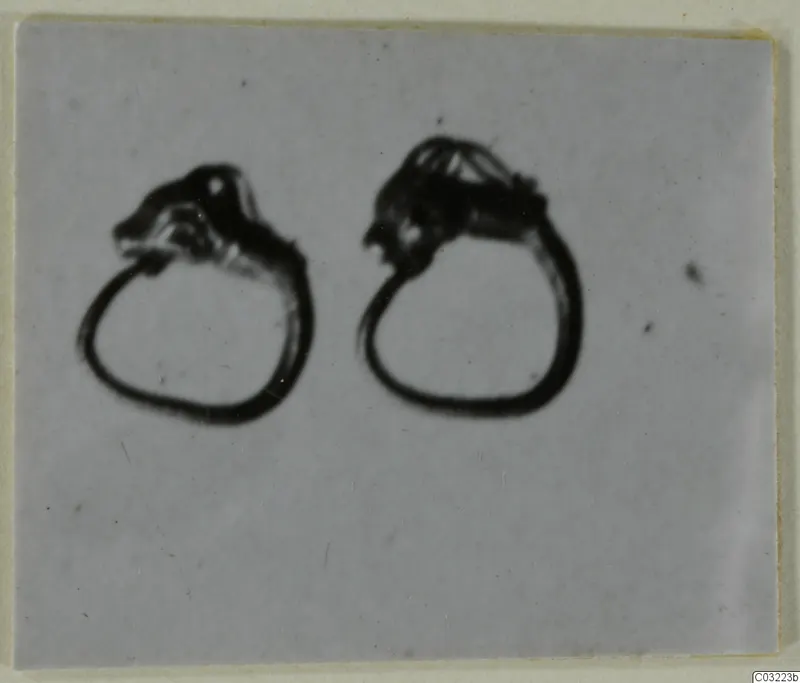 Two gold rings from Marion shown side by side on a grey background