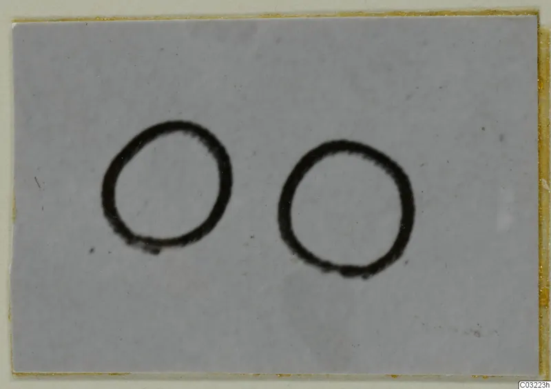 Two dark circular ring shapes on a pale grey card, set in a yellowed mount.