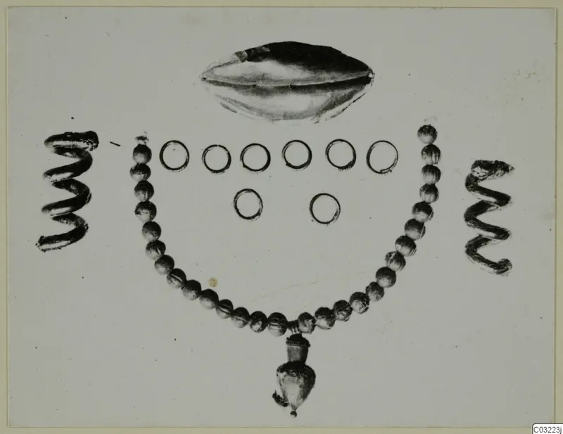 Jewellery from Marion: a curved bead necklace, two spiral wire pieces, a group of plain rings and an oval object.