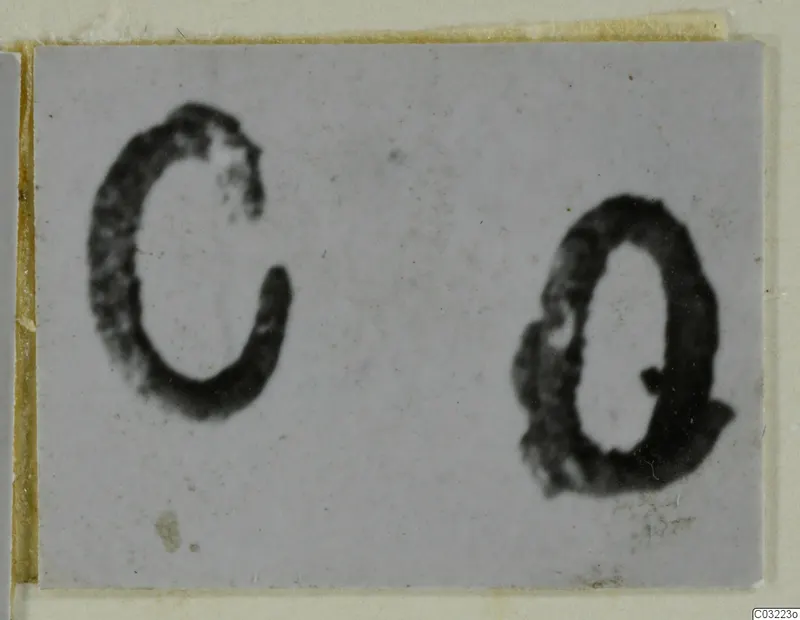 Two blurred, dark ring-shaped objects, one open and one closed, on a pale grey card.