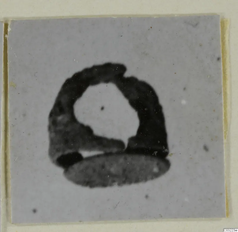 Silver object, a dark ring-shaped piece with a flattened oval part below, shown on a grey square print.