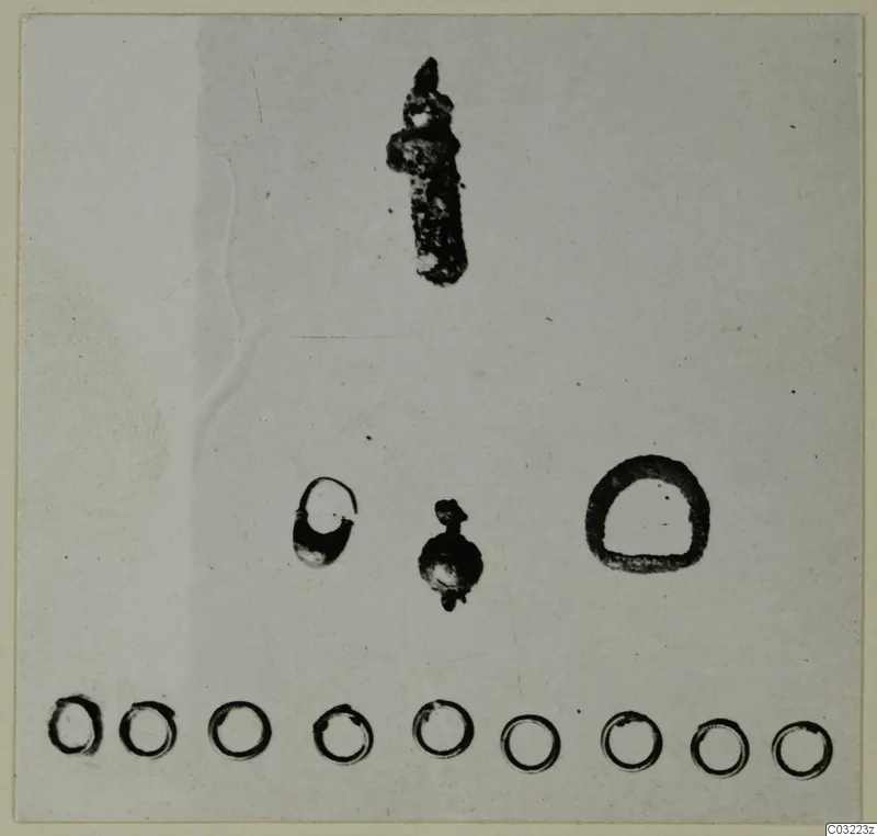 Small corroded rings, a pendant and an elongated metal object from Marion, laid out on a pale background