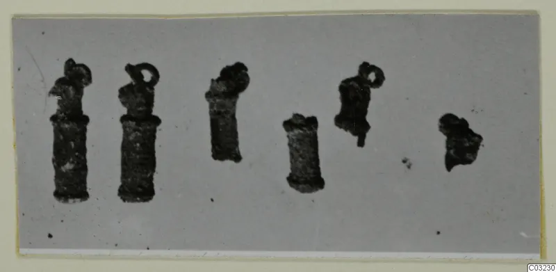 Six dark, corroded small metal objects, several with a loop at the top, shown on a pale grey ground.