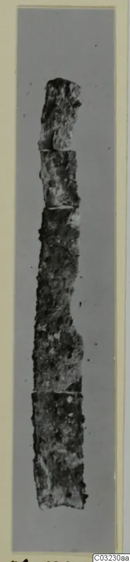 Corroded iron tool from Marion Tomb 56, shown broken into several pieces against a grey backdrop.