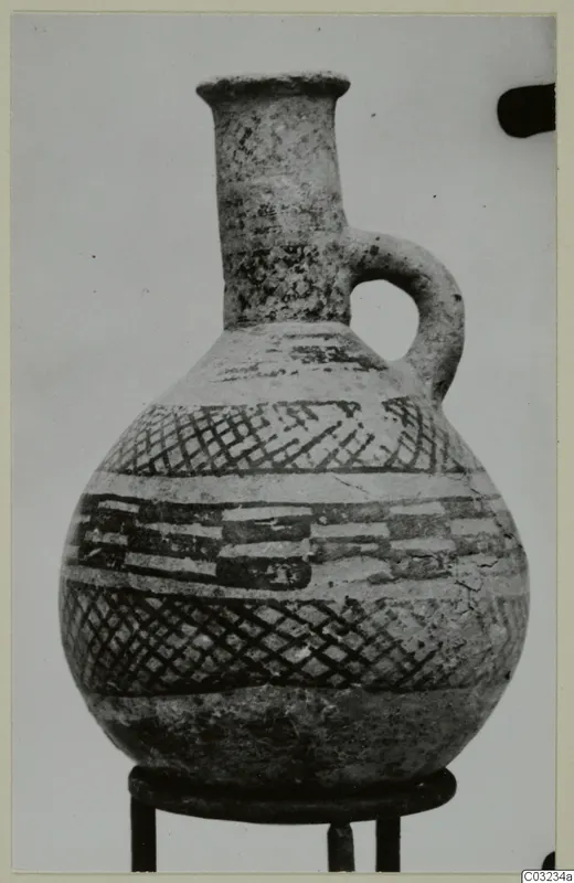 Pottery jug, White Painted I - II, from Lapithos, with cross-hatched and block-patterned painted bands
