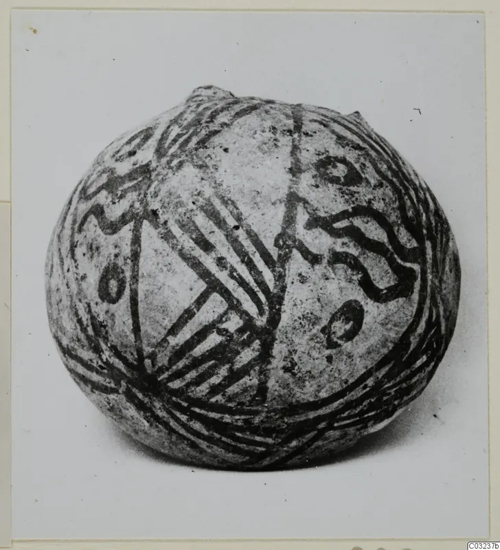 Globular pottery vessel with dark painted wavy bands, hatched lines and small circles, Pottery White Painted III