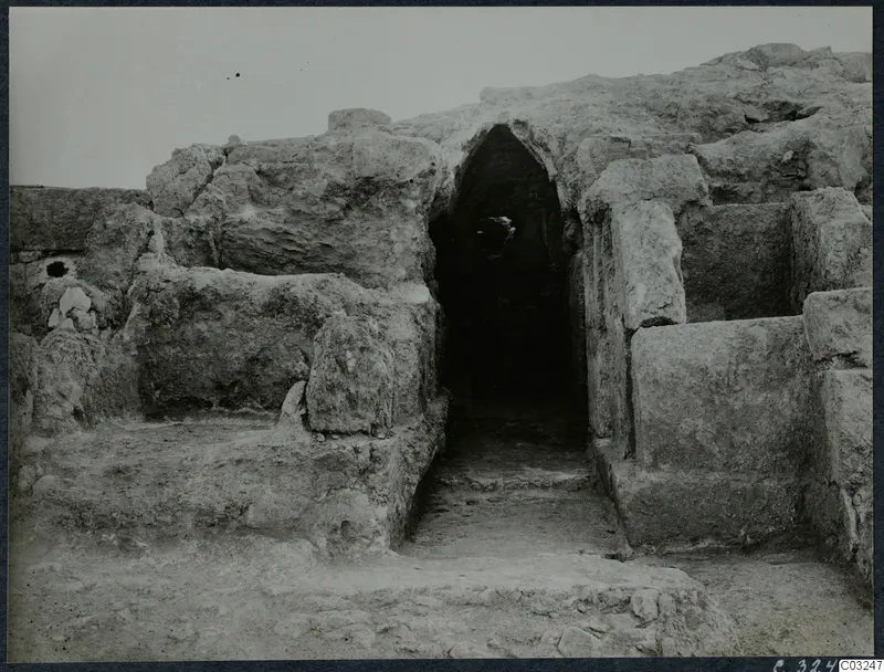 Excavated stone walls with a dark arched opening at the palace at Vouni