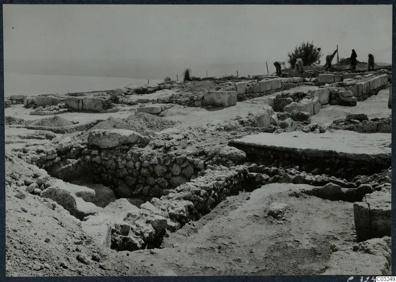 Excavated stone walls at the palace at Vouni, with workers near a small tree and the sea on the horizon