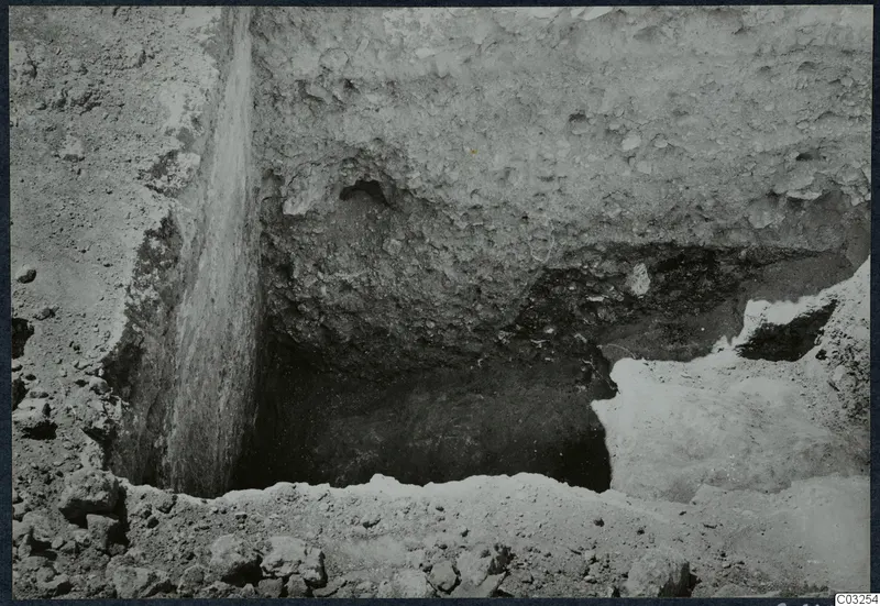 Excavation cutting at the palace at Vouni, with stones and rubble in the soil