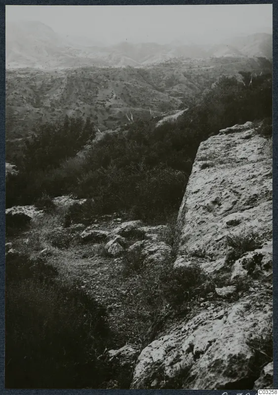 Hilly landscape with scrubby bushes and a rocky outcrop in the foreground, seen from the Vouni area.