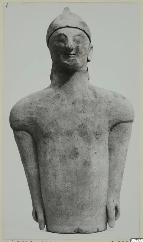 Terracotta Cypro-Greek I statuette from Ayia Irini, a standing figure with a rounded cap and arms held at the sides