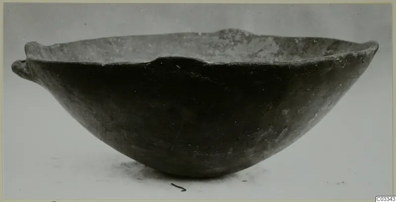 Dark pottery bowl with a wide, rounded body and small horizontal handles at the rim, shown in side view.
